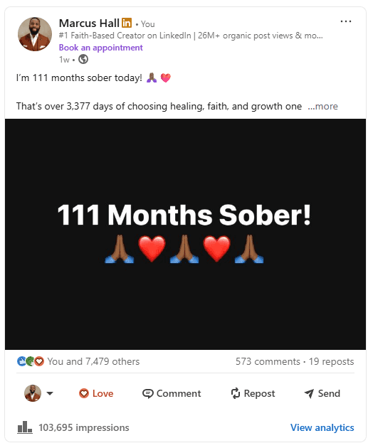 LinkedIn post marking 111 months sober, with 103,695 impressions and 7,480 reactions