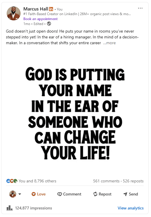 LinkedIn post with 124,877 impressions and 8,796 reactions