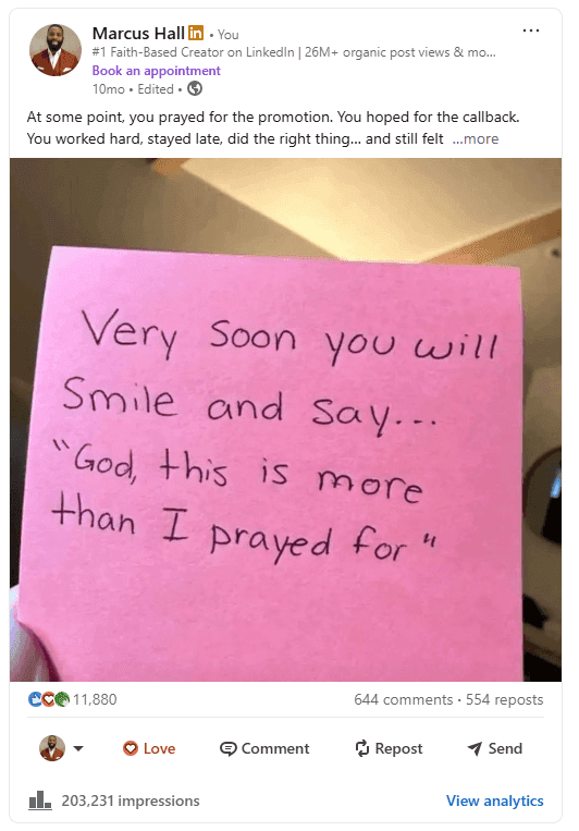 LinkedIn post with 203,231 impressions and 11,880 reactions