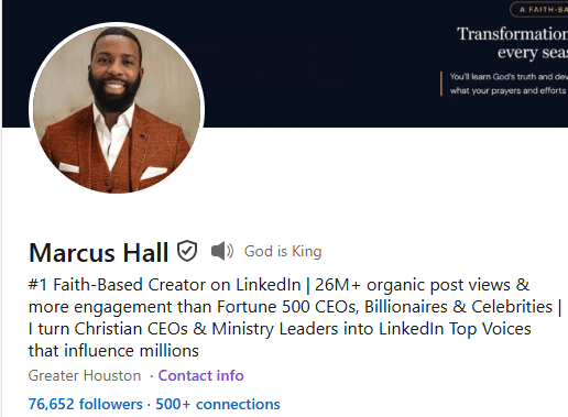 Marcus Hall's verified LinkedIn profile showing 76,652 followers